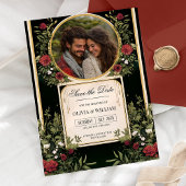 エレガントな赤い花のブラックとゴールドのSave the Date 招待状