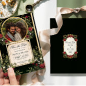 エレガントな赤い花のブラックとゴールドのSave the Date 招待状