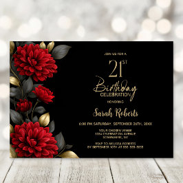 エレガントな赤い花のブラック 21歳の誕生日パーティー 招待状