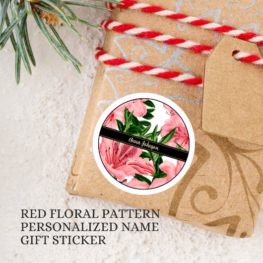 エレガントな赤い花の背景　パーソナライズされた名前 ラウンドシール