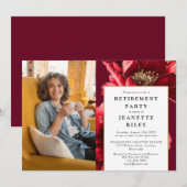 エレガントな赤い花の退職パーティーの写真 招待状 (正面/裏面)
