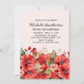 エレガントな赤い花 ピンクの100歳の誕生日 招待状 (正面)