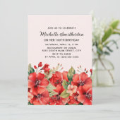 エレガントな赤い花 ピンクの100歳の誕生日 招待状 (スタンド正面)