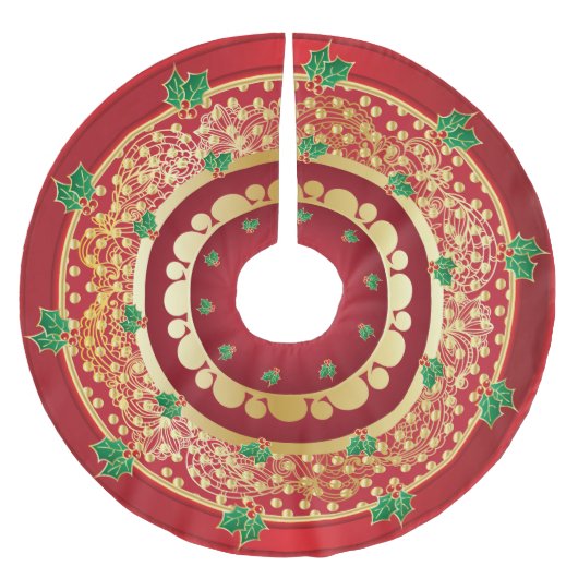 エレガントな赤および金ゴールドのヒイラギのクリスマスの休日 ブラッシュドポリエステルツリースカート (正面)