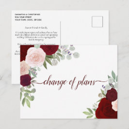 エレガントな赤とピンクのバラ ウェディングプランの変更 案内ポストカード