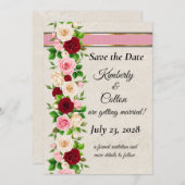 エレガントな赤とピンクのバラ ゴールドのウェディング 招待状 (正面/裏面)