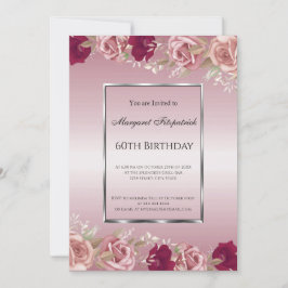 エレガントな赤とピンクのバラ ピンクの誕生日 招待状