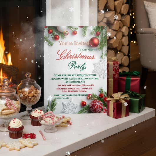 エレガントな赤と白のクリスマスパーティー招待状 箔招待状