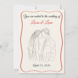 エレガントな赤と白のラインアートの結婚式のカップル 招待状