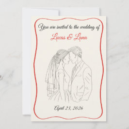 エレガントな赤と白のラインアートの結婚式のカップル 招待状