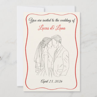 エレガントな赤と白のラインアートの結婚式のカップル 招待状