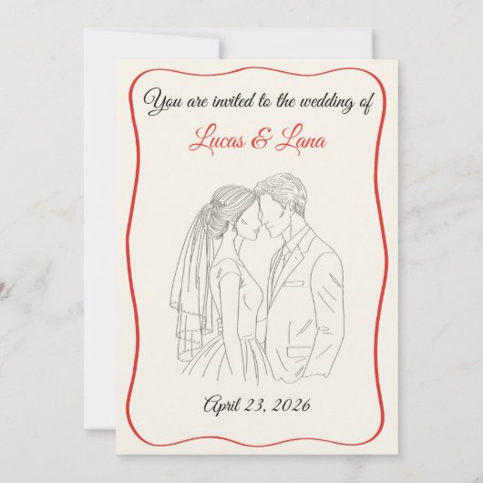 エレガントな赤と白のラインアートの結婚式のカップル 招待状 (裏面)