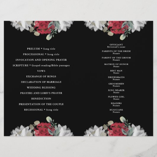 エレガントな赤と白の花のグリーンウェディングプログラム (裏面)