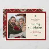 エレガントな赤と緑のタータン柄 フォト フラット シーズンカード (正面/裏面)