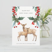 エレガントな赤と緑のホリーデコレーション 鹿のペア 新年 シーズンカード (スタンド正面)