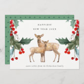 エレガントな赤と緑のホリーデザインの鹿のペア - 新年のご挨拶 シーズンカード (正面/裏面)