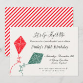 エレガントな赤と緑の空飛ぶ凧　誕生日 招待状 (正面/裏面)