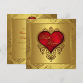 エレガントな赤と金のウェディング 招待状 (正面/裏面)