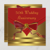 エレガントな赤と金のジュエルトリムの弓がクラシックな50周年結婚記念日パーティーの招待状とお知らせ、 招待状 (正面/裏面)