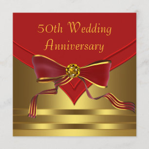 エレガントな赤と金のジュエルトリムの弓がクラシックな50周年結婚記念日パーティーの招待状とお知らせ, 招待状