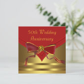 エレガントな赤と金のジュエルトリムの蝶ネクタイ クラシックな50周年結婚記念日パーティーの招待状とお 招待状 (スタンド正面)