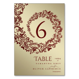 エレガントな赤と金のダマスク ウェディングテーブルナンバー テーブルナンバー