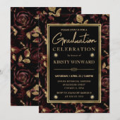 エレガントな赤と金のバラの花の卒業式 招待状 (正面/裏面)