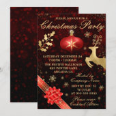 エレガントな赤と金のビーズとリボンのクリスマスパーティー 招待状 (正面/裏面)