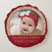 エレガントな赤と金のベイビーの初めてのクリスマス写真 ラウンドクッション (裏面)