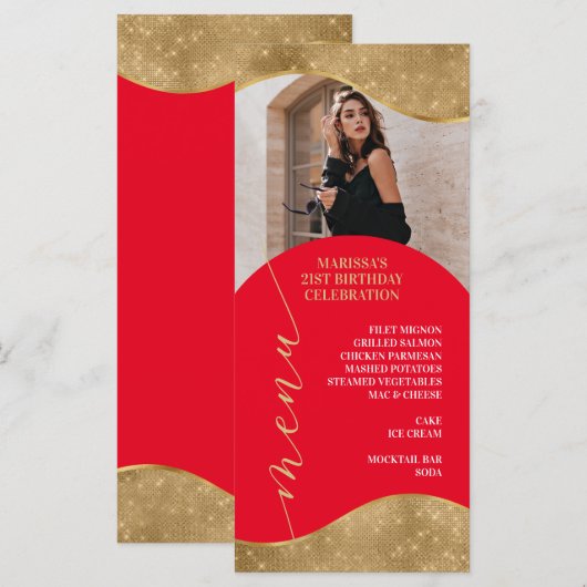 エレガントな赤と金のメニュー プレース カード (写真付き) (正面/裏面)