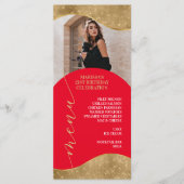 エレガントな赤と金のメニュー プレース カード (写真付き) (正面)