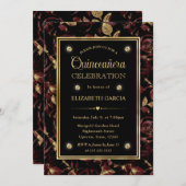 エレガントな赤と金のローズ フラワーのキンセアニエラ 招待状 (正面/裏面)