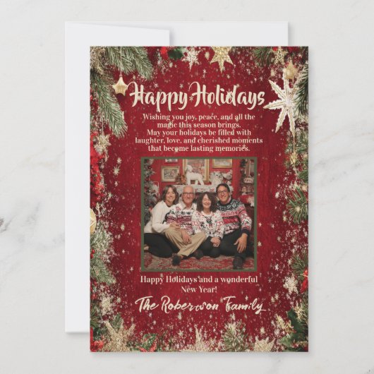 エレガントな赤と金の家族写真のホリデーシーズン シーズンカード (正面)