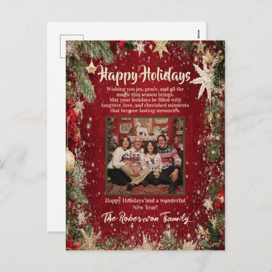 エレガントな赤と金の家族写真のホリデーシーズン シーズンポストカード (正面/裏面)