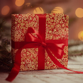 エレガントな赤と金の渦巻き模様のボヘミアンクリスマス ラッピングペーパー