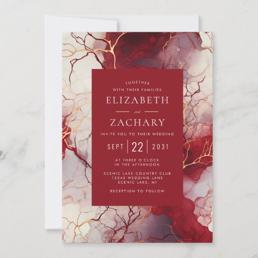 エレガントな赤と金の白大理石の結婚式 招待状 (正面)