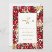エレガントな赤と金の緑の芍薬の花の結婚式 招待状 (正面)