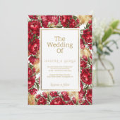 エレガントな赤と金の緑の芍薬の花の結婚式 招待状 (スタンド正面)