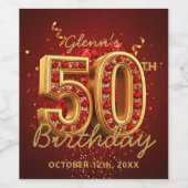 エレガントな赤と金の50周年誕生日 ワインラベル (シングルラベル)