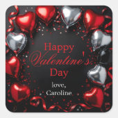 エレガントな赤と銀のハート風船 バレンタインデー スクエアシール (正面)