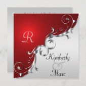 エレガントな赤と銀の結婚式招待状 招待状 (正面/裏面)