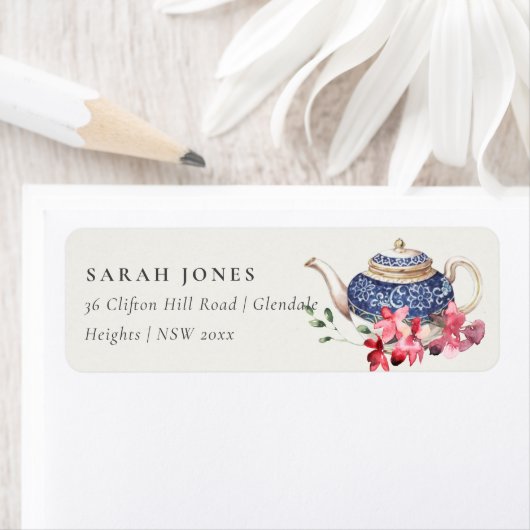 エレガントな赤と青のティーポット フラワーティーパーティーの住所 ラベル (インサイチュ)