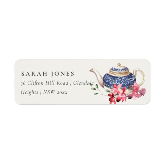 エレガントな赤と青のティーポット フラワーティーパーティーの住所 ラベル (正面)