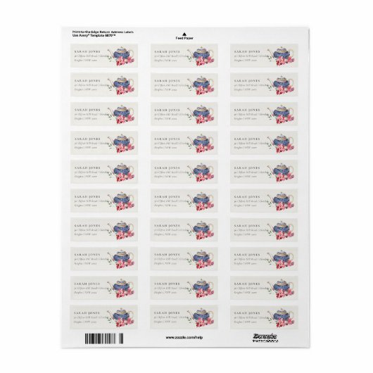 エレガントな赤と青のティーポット フラワーティーパーティーの住所 ラベル (フルシート)