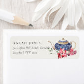 エレガントな赤と青のティーポット フローラル ティーパーティーの住所 ラベル (インサイチュ)