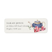 エレガントな赤と青のティーポット フローラル ティーパーティーの住所 ラベル (正面)