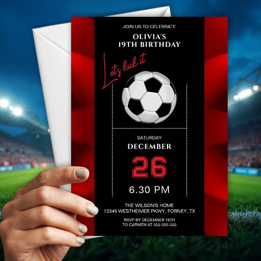 エレガントな赤と黒のサッカー誕生日招待状 招待状