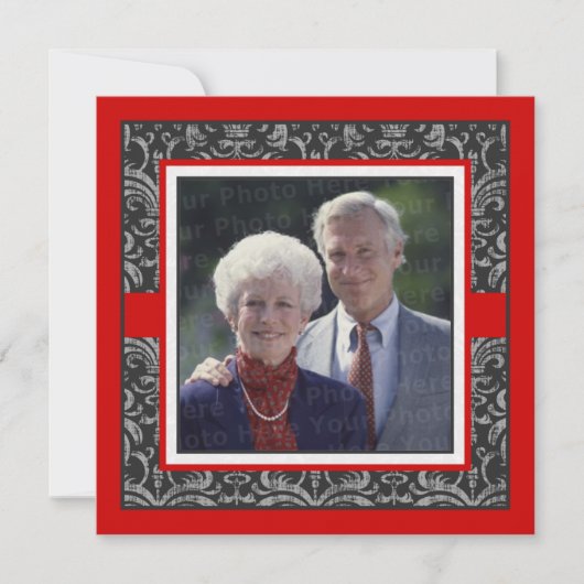 エレガントな赤と黒のダマスク結婚記念日 招待状 (正面)