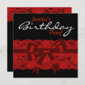 エレガントな赤と黒のレースの誕生日パーティー 招待状 (正面/裏面)
