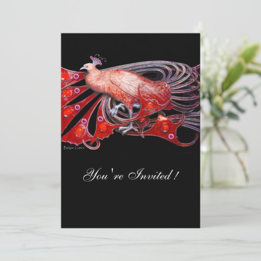 エレガントな赤と黒の孔雀のウェディングパーティー 招待状 (スタンド正面)